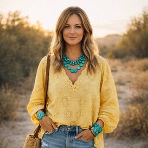 NWT $128 Tolani Boho Cottagecore Yellow Eyelet V-Neck Balloon Sleeve Boho Top XL